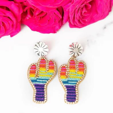 Rainbow Beaded Cactus Earrings | Golden Thread