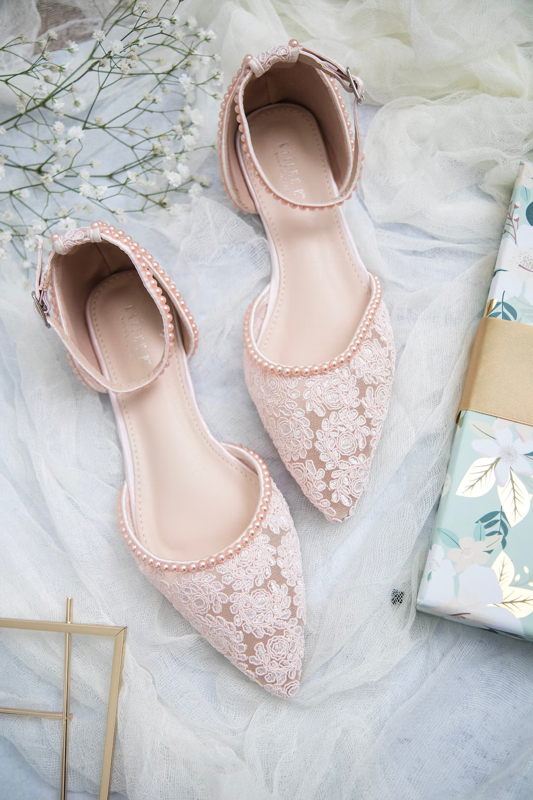 Dusty Pink Crochet Lace Pointy Toe Flats With Mini Pearls Women Wedding Shoes, Bridesmaid Shoes, ... | Etsy (US)