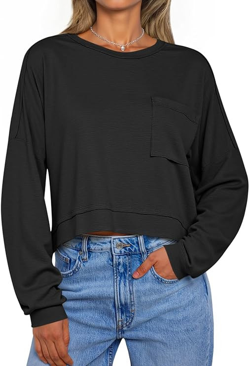 Tankaneo Womens Cropped Long Sleeve Shirts Trendy Casual Boxy Fall Tops Loose Fit Crew Neck Tees ... | Amazon (US)