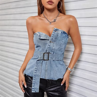 Clotth Women's Denim Tube Top - Strapless Backless Denim Crop Top, Belted Bustier Top, Fashionable Party Wear, Light Blue - S | Target