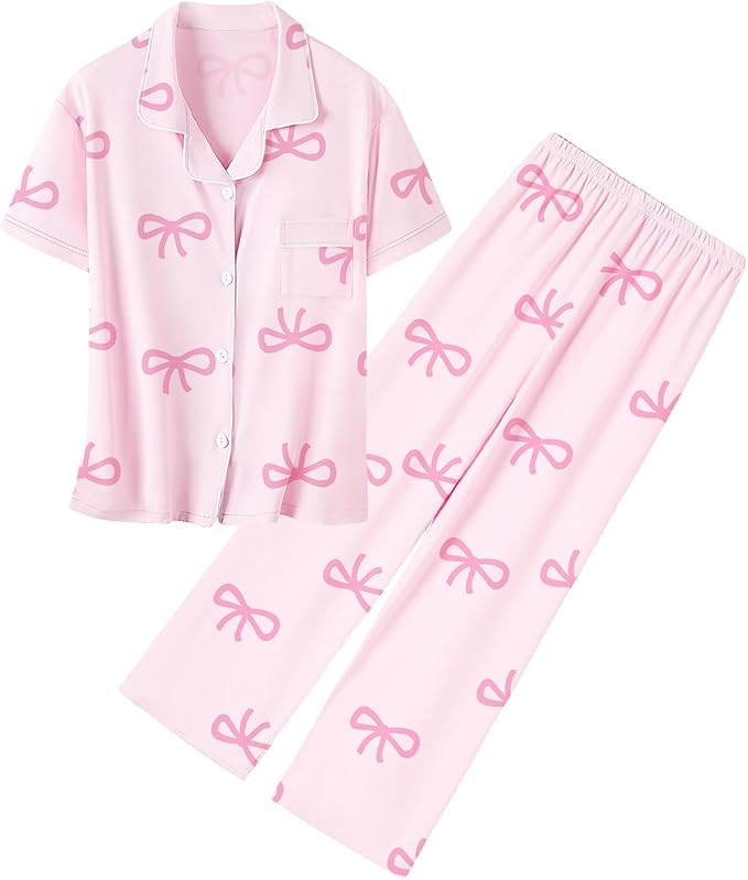 Umeyda Girls Lyocell Pajamas Set Button Down Sleepwear Loungewear PJS Shorts Sleeve Tops + Pants | Amazon (US)
