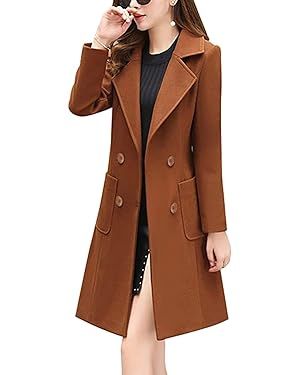 Bankeng Women Winter Wool Blend Camel Mid-Long Coat Notch Double-Breasted Lapel Jacket Outwear | Amazon (US)