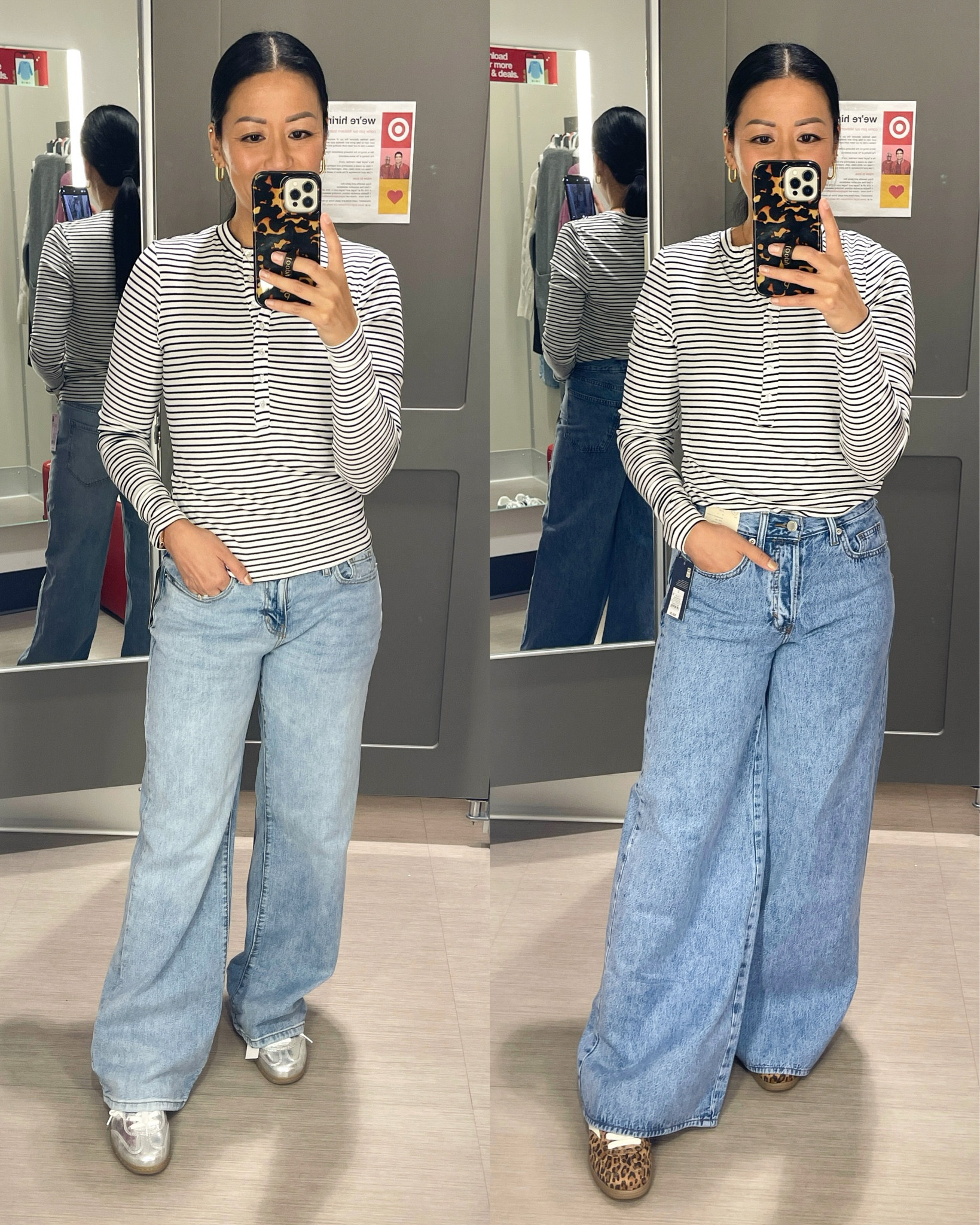 Size XS henley (left), size medium (right)
Size 2 in both jeans
Sized down 1/2 in silver sneakers
True size in leopard sneakers
Sneakers run a tad roomy so sizing down 1/2 works 

Target fashion
Target style
