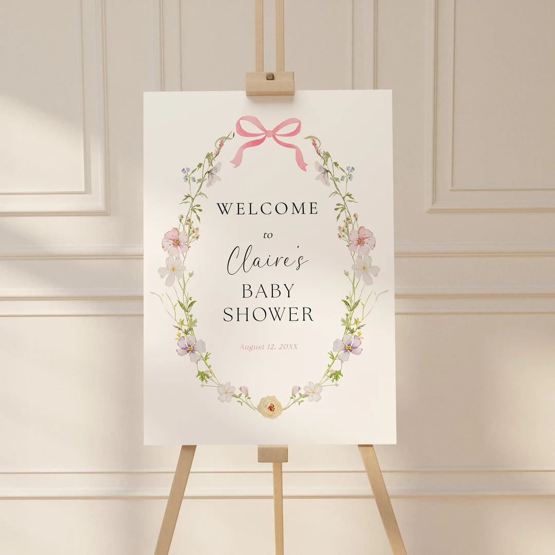 Wildflower Baby Girl Welcome Sign, Floral Pink Bow Baby Shower Welcome Poster Template, Templett ... | Etsy (US)