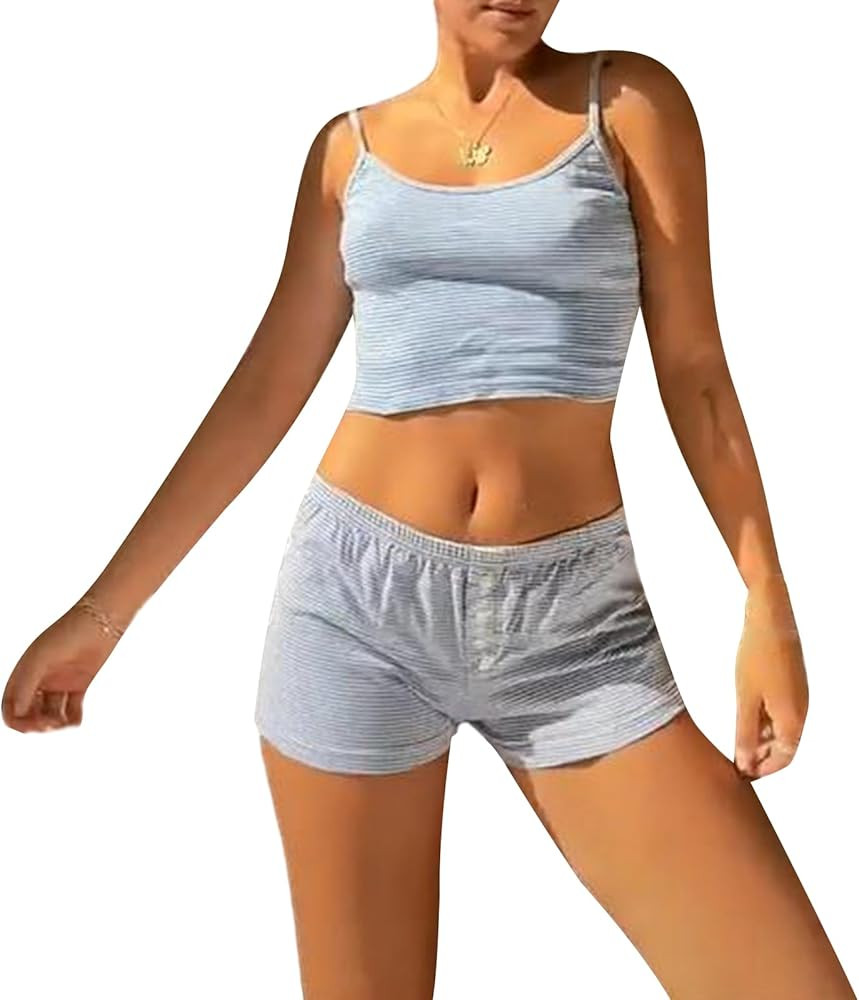 RUEWEY Women Y2K Shorts Set Floral Print Pajamas Set Knit Crop Cami Top Bodycon Shorts Lounge Sum... | Amazon (US)