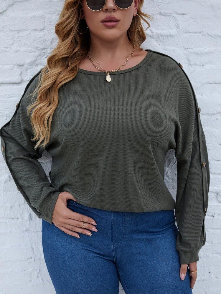 Plus Waffle Knit Buttoned Sleeve Tee | SHEIN