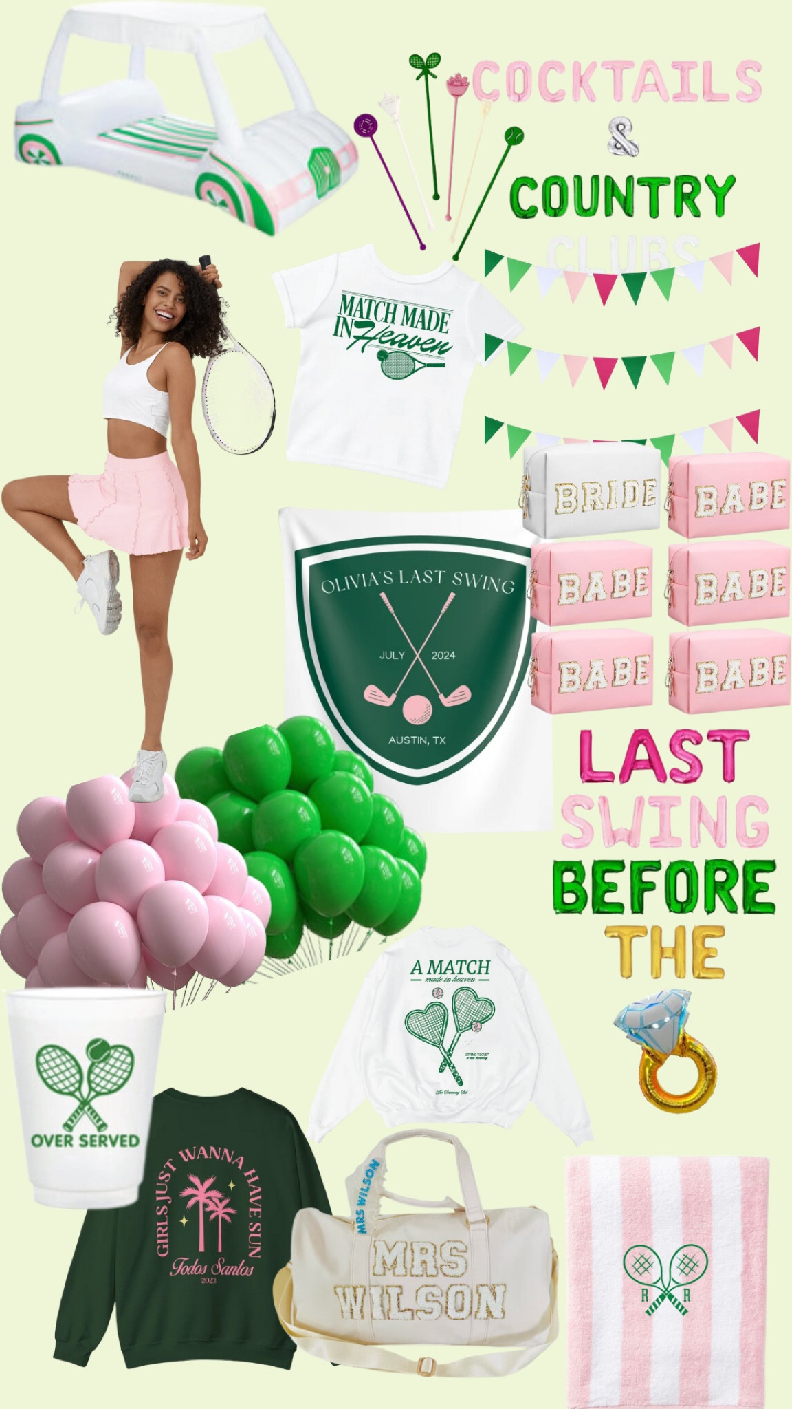 Plan the perfect “Country Club and Cocktails” golf-themed bachelorette party with these must-have essentials! Create a sophisticated and fun atmosphere with stylish golf-inspired decorations and party supplies. From chic country club apparel to personalized golf accessories, every detail is designed to elevate your celebration. Add a touch of elegance with themed drinkware, playful photo props, and unique party favors that capture the spirit of the golf course. Shop now to find everything you need for an unforgettable “Country Club and Cocktails” bachelorette party that the bride will cherish forever! #bachelorettepartymusthaves

#LTKParties #LTKWedding #LTKStyleTip