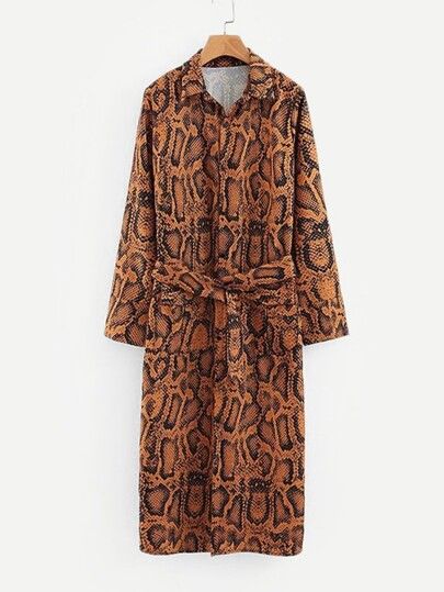 Snakeskin Print Belted Coat | SHEIN