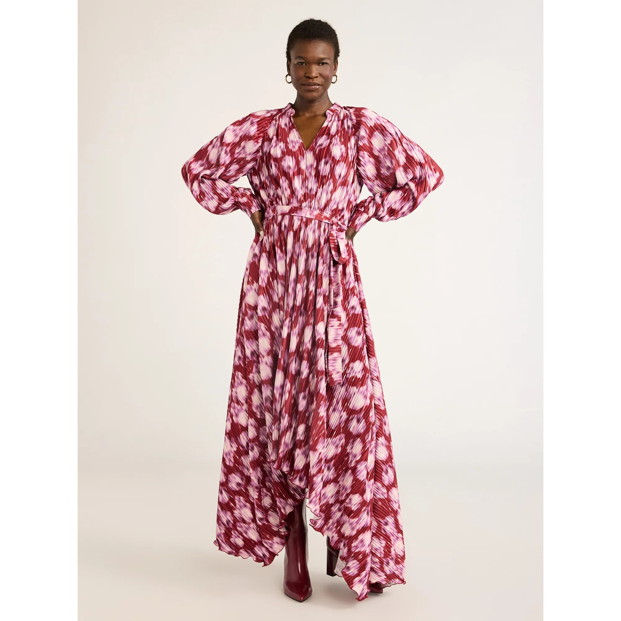 Scoop Women’s Pleated Handkerchief Hem Dress with Long Sleeves, Sizes XS-XXL | Walmart (US)