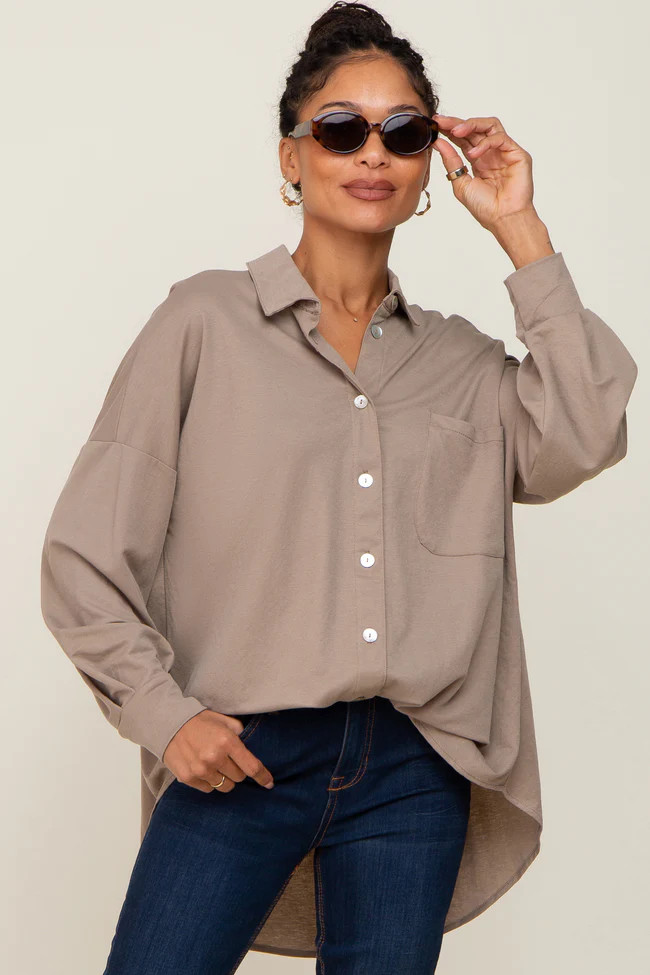 Taupe Button Down Front Pocket Top | PinkBlush Maternity