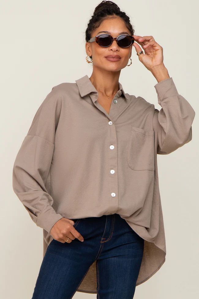 Taupe Button Down Front Pocket Top | PinkBlush Maternity