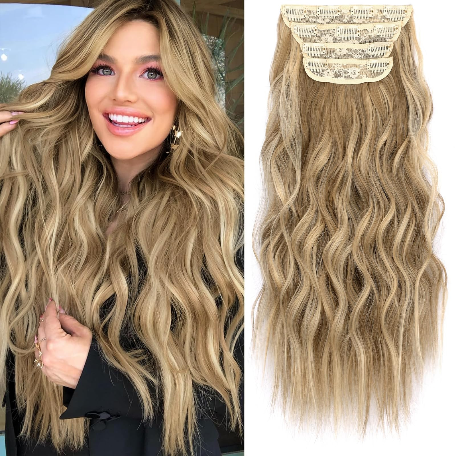 KooKaStyle Clip in Synthetic Hair Extensions Long Wavy 4PCS Thick Hairpieces Light Brown mix Gold... | Amazon (US)
