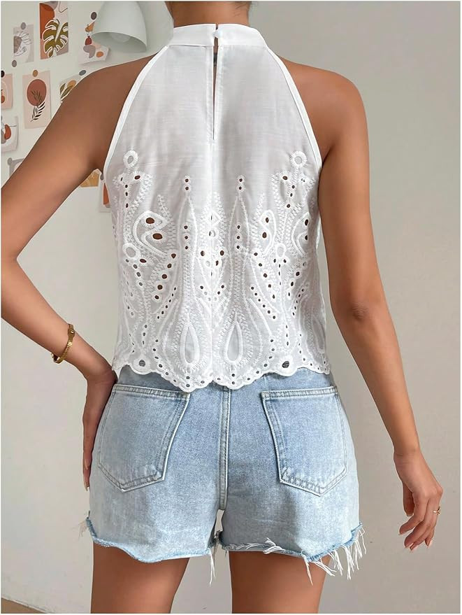 SHENHE Women's High Neck Halter Tank Tops Eyelet Hollow Out Keyhole Back Sleeveless Boho Going Ou... | Amazon (US)