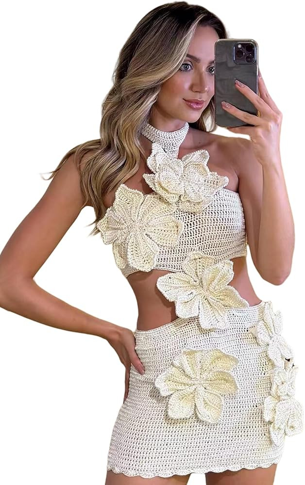 Women's Floral Crochet Knitted Sleeveless Halter Mini Dress Sexy Hollow Out Mesh Sheer Dresses fo... | Amazon (US)