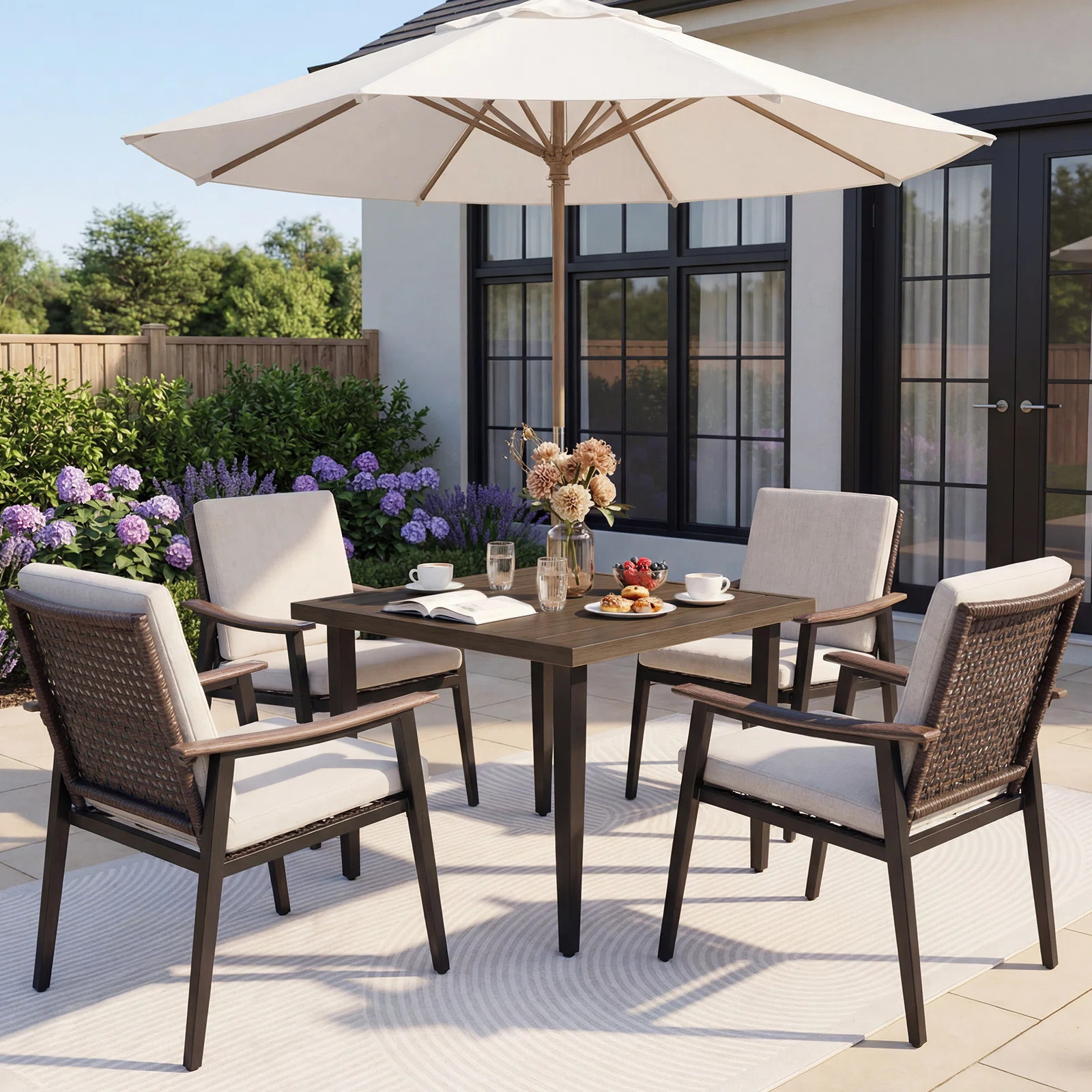 Outdoor 4 Person Dining Set, 4 Rattan Chairs With Cushions And 37’’ Dining Table | Wayfair North America