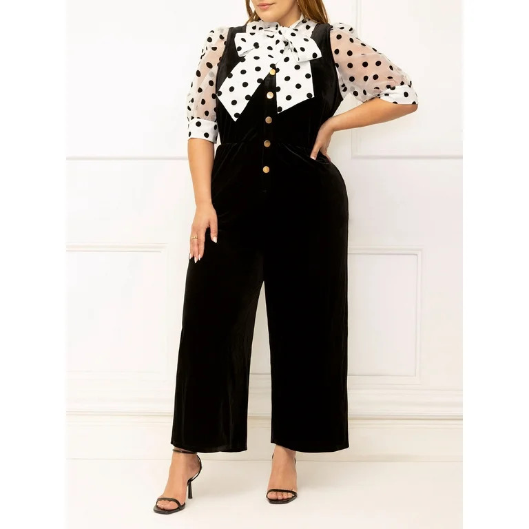 ELOQUII Elements Women's Plus Size Velvet Cropped Jumpsuit, 25” Inseam | Walmart (US)