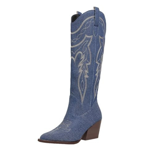 SelRoys Cowboy Boots for Women Cowgirl Embroidered Stitched Pointy Toe Chunky Heel Western Country Fashion Boots, blue, 42 | Amazon (US)