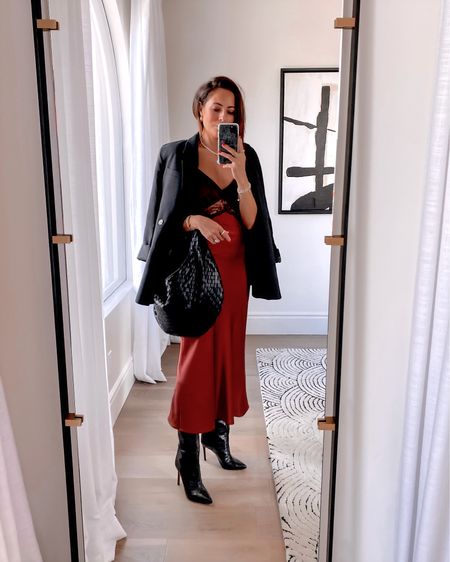How gorgeous is this dress?? In love with the rust tones & it’s a part of the LTK Sale! 🥀🖤



Lucyswhims, satin dress, oversized blazer, woven pouch, snakeskin boots, date night, ootd, fall colors, fall fashion, slip dress, lace detail.