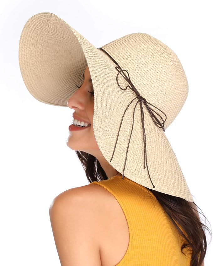 Lanzom Womens Wide Brim Straw Hat Big Floppy Foldable Roll up Cap Beach Sun Hat UPF 50+ | Amazon (US)