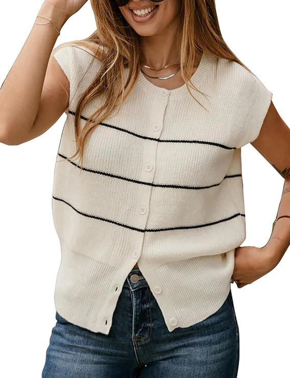 Lumister Women's Sleeveless Sweater Vest Striped Trendy V-Neck Button-Down Tank Top for a Fashion... | Amazon (US)