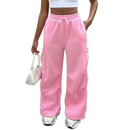 Mohiass Womens Cargo Sweatpants Baggy Fleece Wide Leg Sweat Pants Drawstring High Waisted Lounge Sweatpants with Pockets Pink L | Walmart (US)