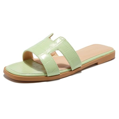 TRULAND H Strap Flat Slide Sandals for Women - Cute Fashion Open Square Toe Summer Dressy Sandals (7.5 US,Mint Green) | Amazon (US)