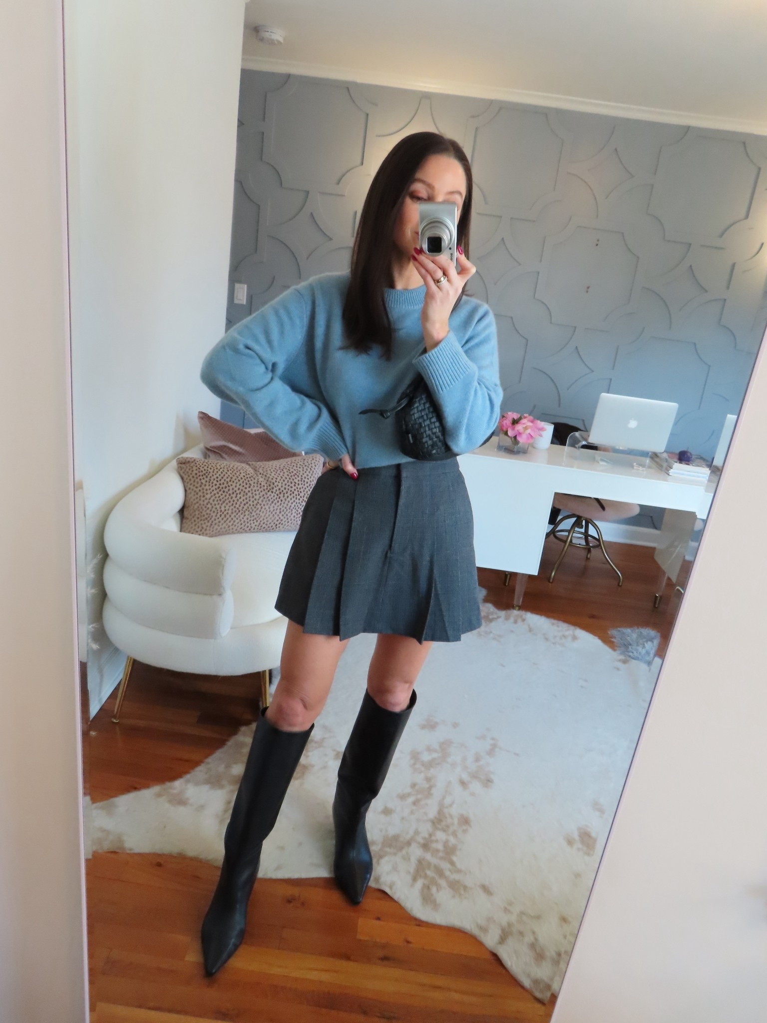 Sweater and skirt true to size. Boots sized up half a size 