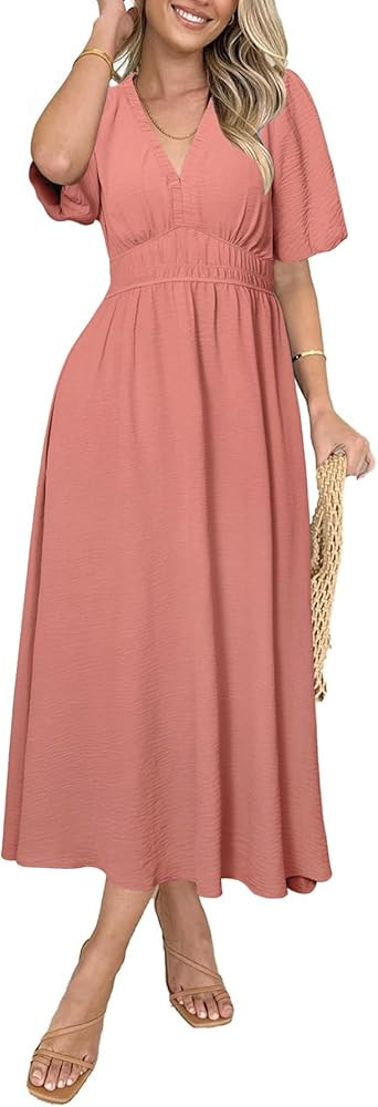 Simplee Women's Summer Flowy Midi Dress Casual V Neck Short Sleeve Empire Waist Boho Beach Dress ... | Amazon (US)