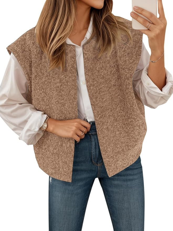 Yousify Womens Fuzzy Vest Cap Sleeve Crew Neck Knit Sweater Fall Casual Open Front Vest Outerwear | Amazon (US)