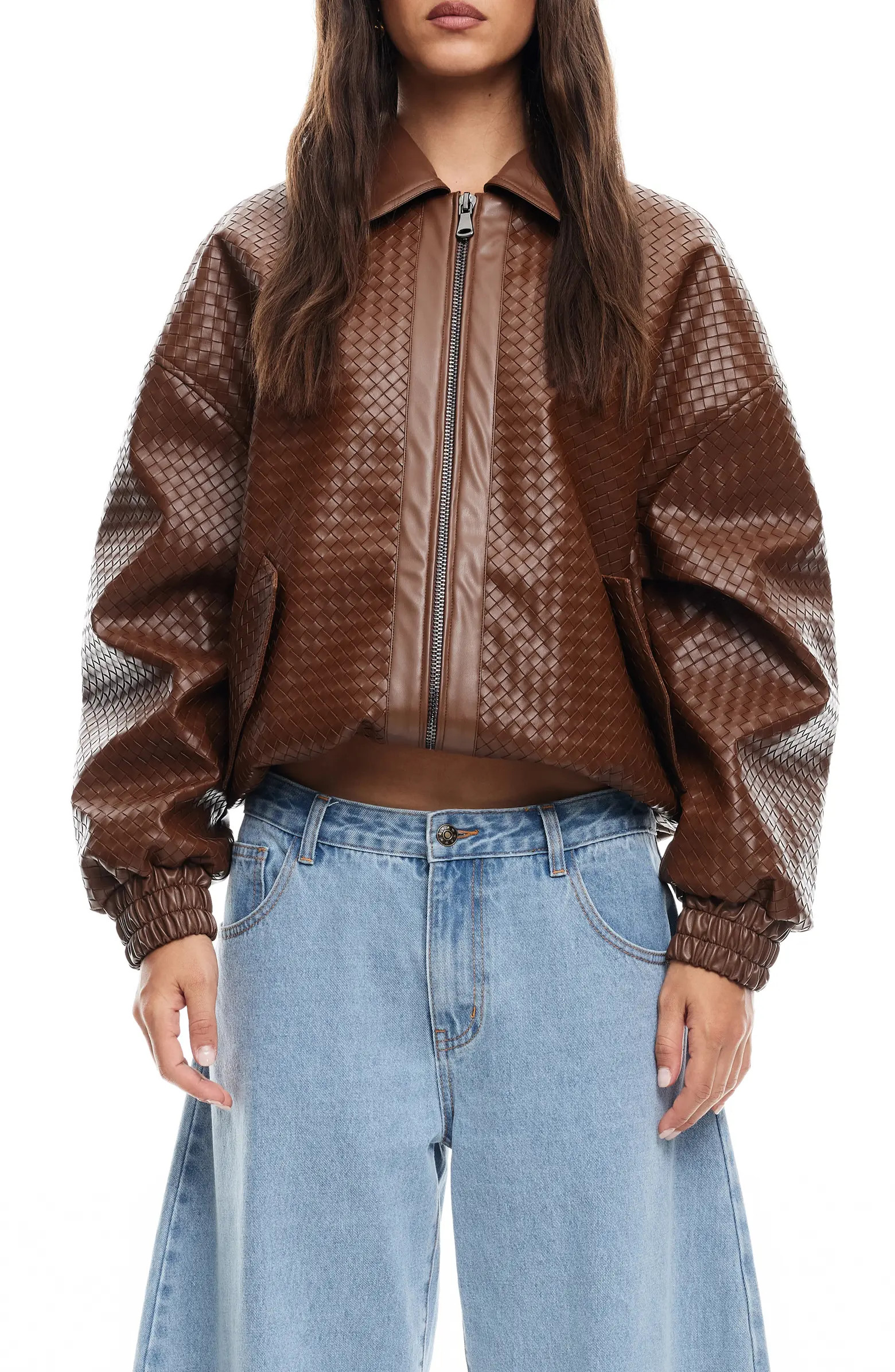 LIONESS Kenny Woven Faux Leather Bomber Jacket | Nordstrom | Nordstrom