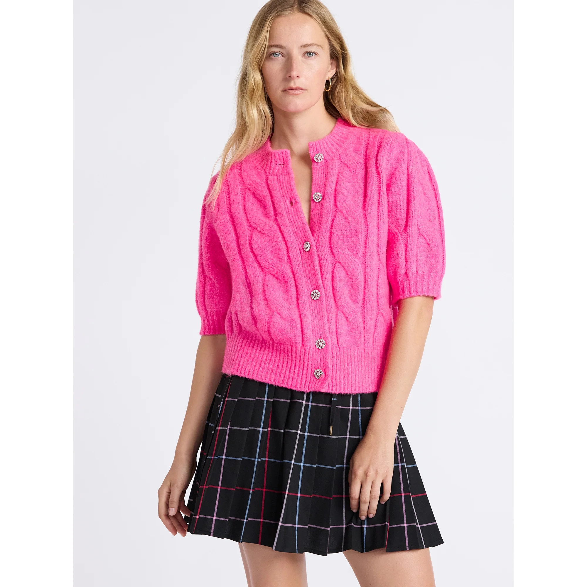 Free Assembly Women's and Women's Plus Cable Cardigan with Short Puff Sleeves, Sizes XS-4X | Walmart (US)