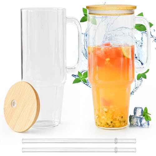 FECBK Glass Cups with Lids and Straws 40 oz Glass Tumbler with Straw and Lid 2 Pack Glass Tumbler with Handle Wide Mouth Iced Coffee Cups for Smoothies, Soda, Tea, with Bamboo Lids | Amazon (US)