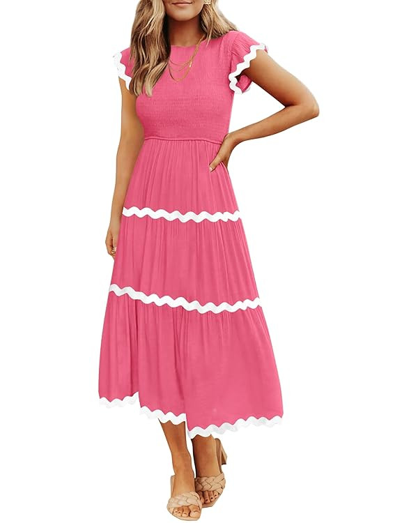 ZESICA Women's Summer Flutter Short Sleeve Smocked Midi Dress Casual High Waist Rickrack Tiered F... | Amazon (US)