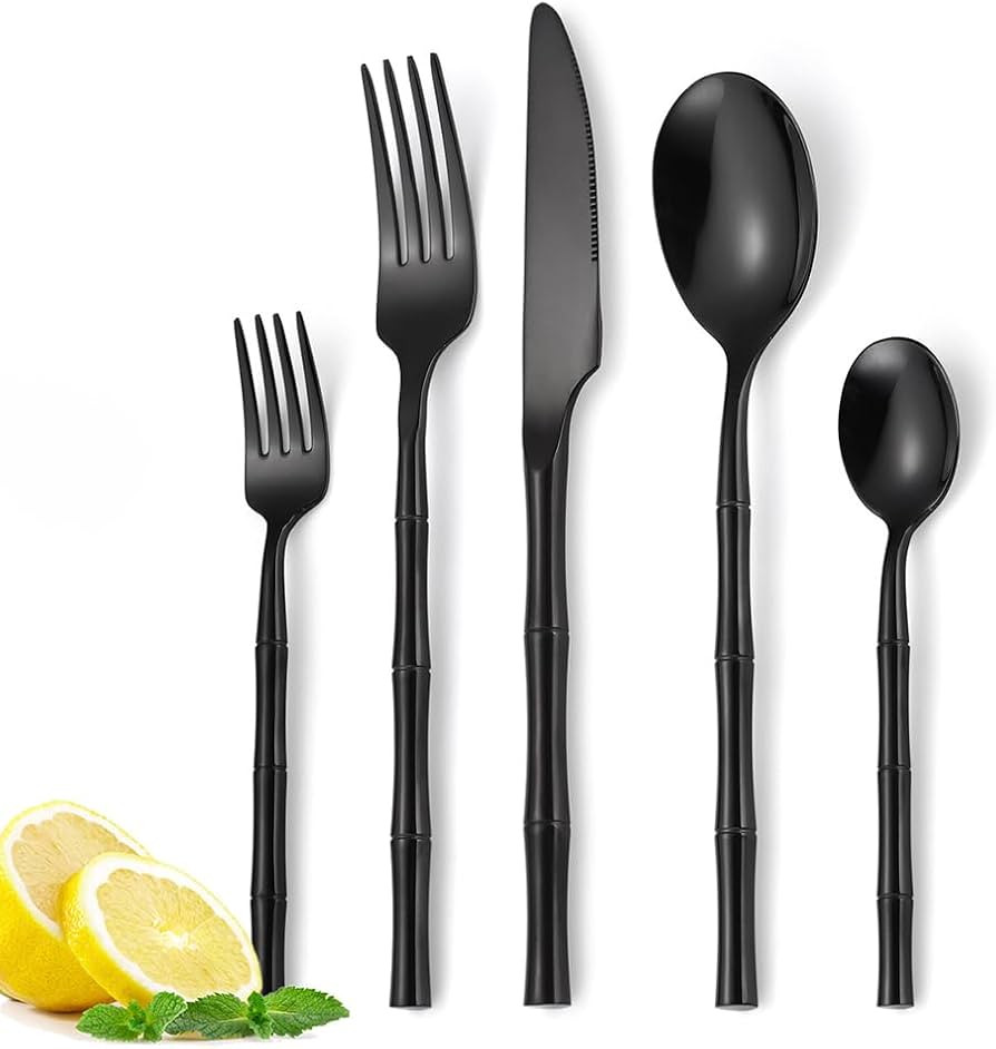 20 Piece Bamboo Shaped Flatware Set Service for 4, 18/10 Stainless Steel Black Bamboo Handle Silv... | Amazon (US)