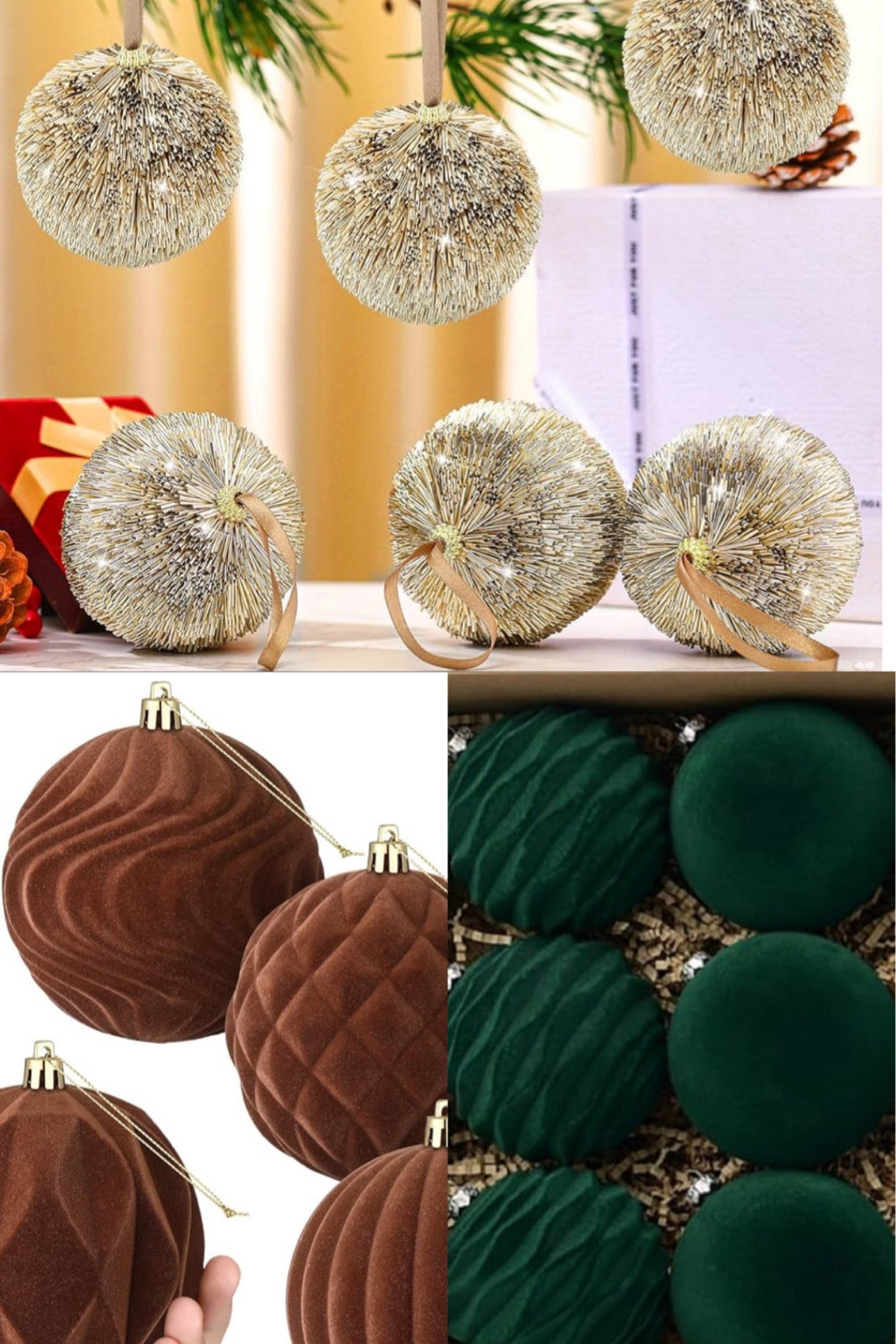 Gold, brown and green Christmas ornaments 🎄✨ 



#LTKHome #LTKSeasonal #LTKFindsUnder50