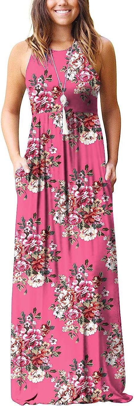 GRECERELLE Women's Sleeveless Racerback Loose Plain Maxi Dress Floral Print Casual Long Dresses w... | Amazon (US)