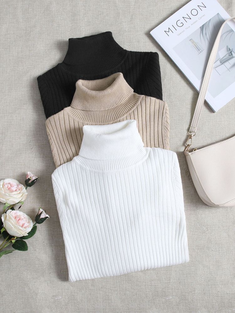 Felegant 3pcs Turtle Neck Ribbed Knit Sweater | SHEIN