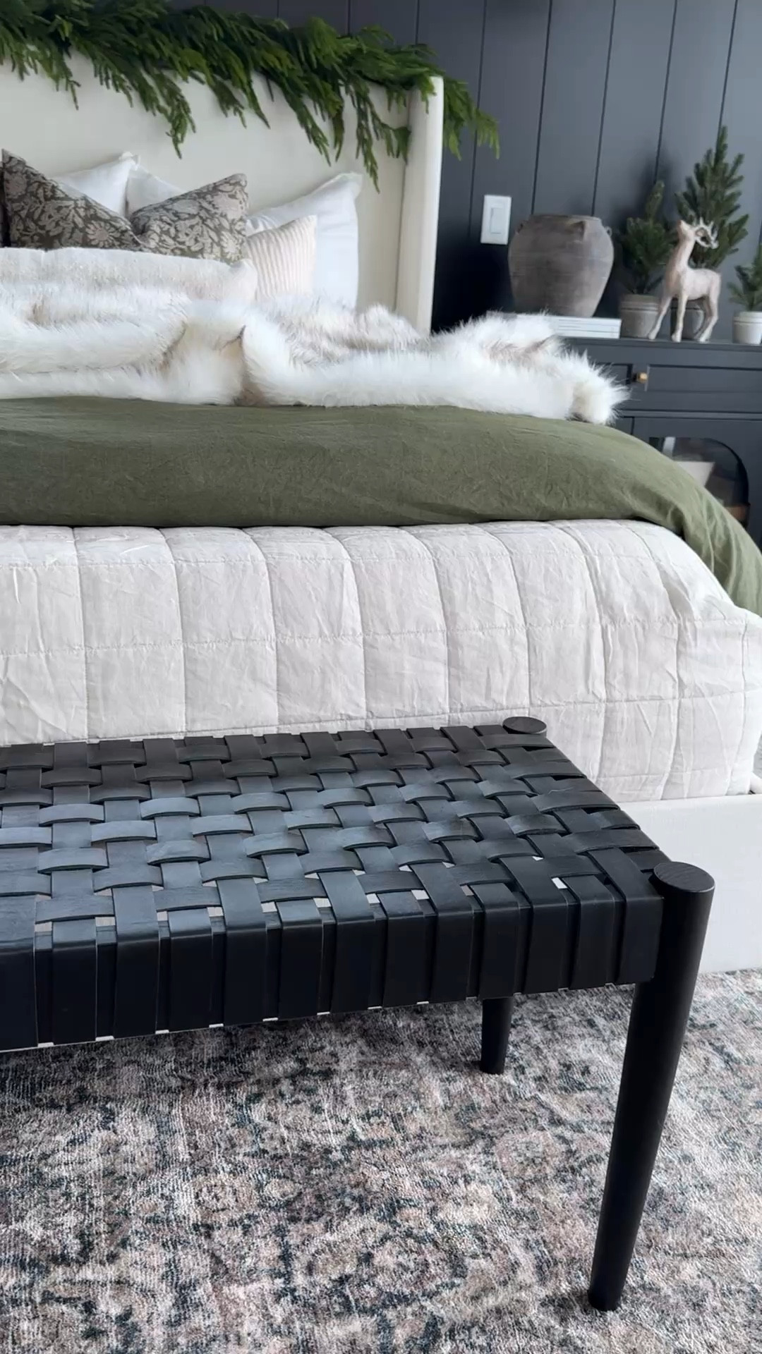 Bedroom goals, holiday edition. My Wayfair pieces have transformed this space—the Zuma White Upholstered Bed paired with an inviting Loloi Navy/Sand Rug adds warmth. Draped with an Evergreen Linen Duvet Set, topped with a plush Faux Fur Blanket, this bed is perfect for holiday lounging. The Black & Wood Vick Nightstand and Faux Pine Garland bring festive charm and style. #OnlyAtWayfair #Wayfair #WayfairPartner


#LTKHome #LTKHoliday #LTKSaleAlert