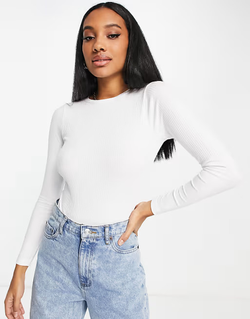 ASOS DESIGN long sleeve t-shirt bodysuit in rib in white | ASOS (Global)