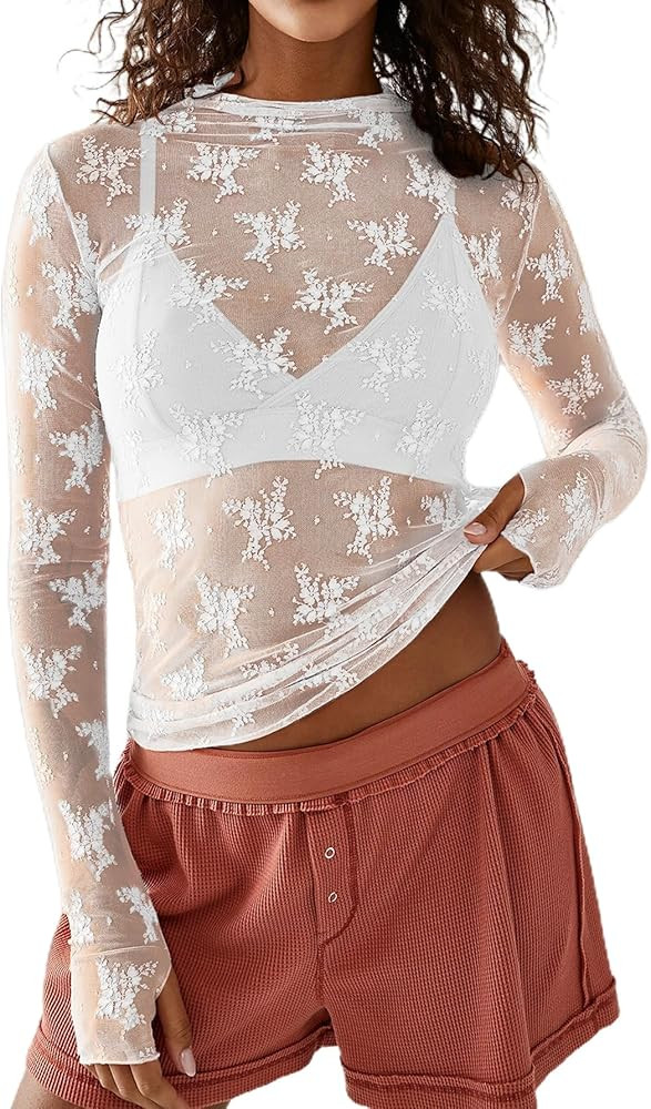 Women Sexy Lace Layering Tops Sheer Mesh Shirts Long Sleeve See Through Crop Top | Amazon (US)