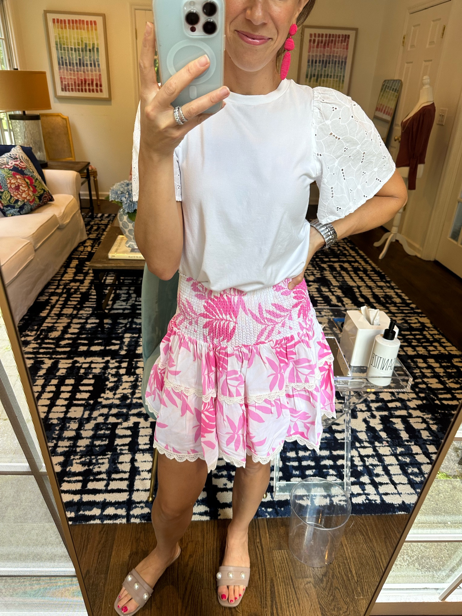 Leaf print skirt 
Pink skirt 
Pearl embellished shoes 

#LTKStyleTip #LTKFindsUnder50 #LTKSummerSales