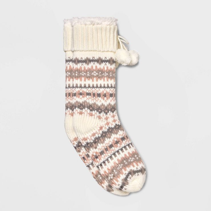 Women's Fair Isle Faux Shearling Lined Slipper Socks with Poms & Grippers - Ivory/Pink 4-10 | Target