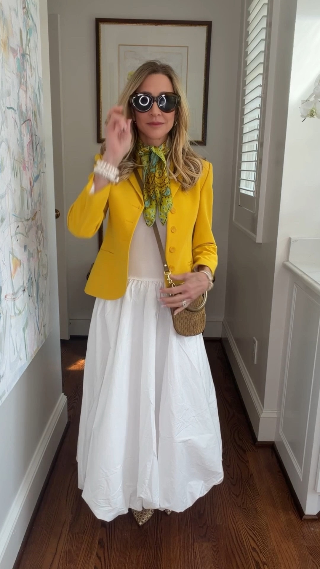 Very affordable white bubble dress to wear all summer long accessorized with a yellow blazer, gold flats, a cross body bag from Clare V and a matching scarf!  

#LTKootd #LTKOver40 #LTKSeasonal