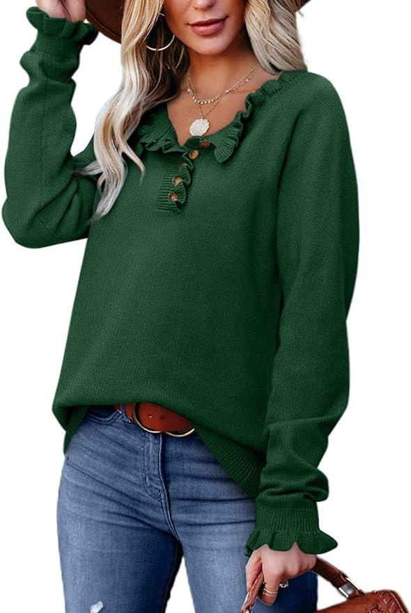 XIEERDUO Women's Sweaters Long Sleeve Tops Button Down Crew Neck Ruffle Knit Pullover Sweater Sol... | Amazon (US)