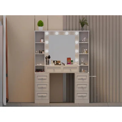 Vanity Desk With With Mirror And Lights,Makeup Vanity Table Wwith Lighted Mirror & Charging Station, Vanity Desk Dresser | Wayfair North America