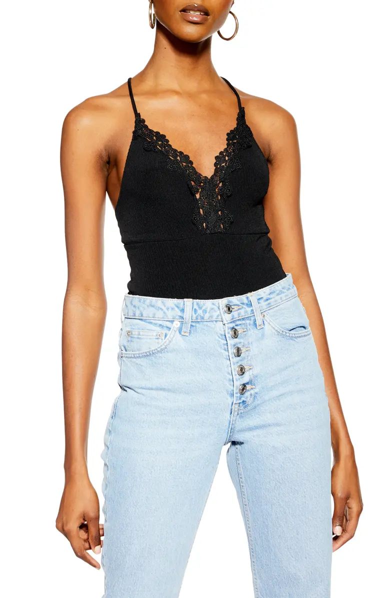 Lace Trim Strappy Rib Bodysuit | Nordstrom