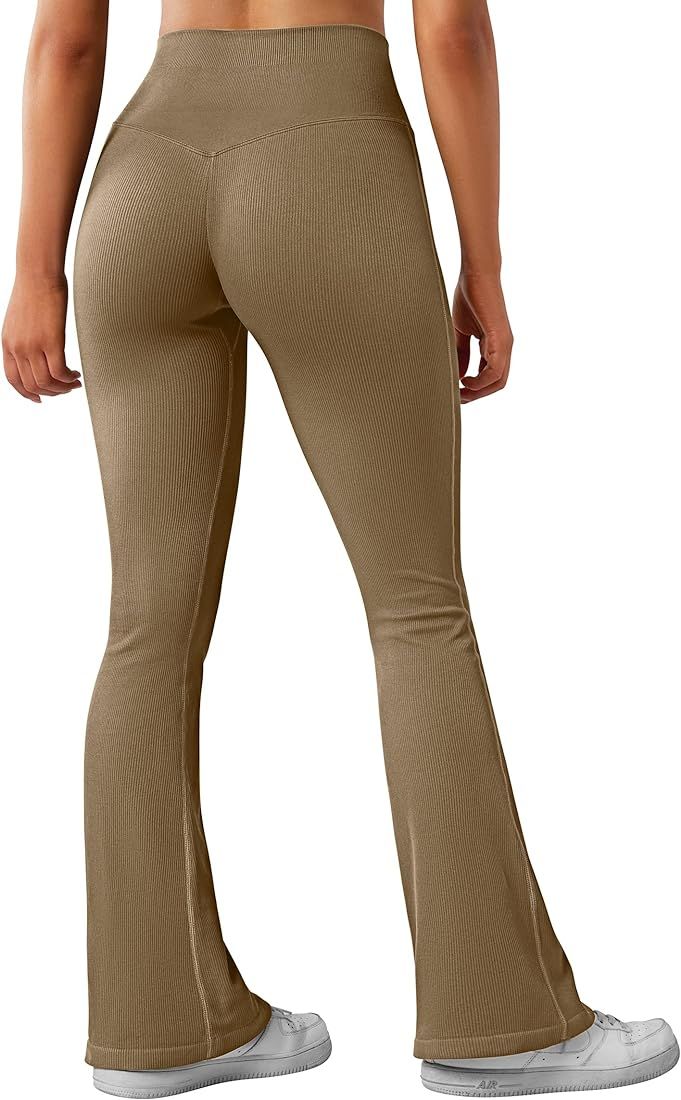 MOSHENGQI Women Ribbed Flare Leggings Seamless High Waist Bootcut Yoga Pants | Amazon (US)
