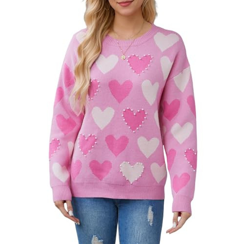 Pivanzore Women's Valentine's Day Knit Sweater Heart Print Long Sleeve Crewneck Peart Knitwear Loose Pullovers Sweatshirt (Pink c, L) | Amazon (US)