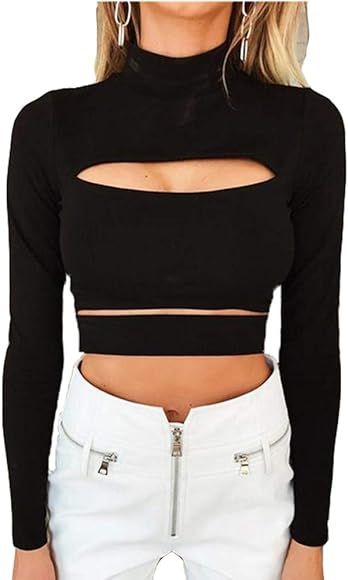 Susupeng Women Mock Neck Long Sleeve Cut Out Open Front Crop Top Tee Tops Slim Short T-Shirt | Amazon (US)
