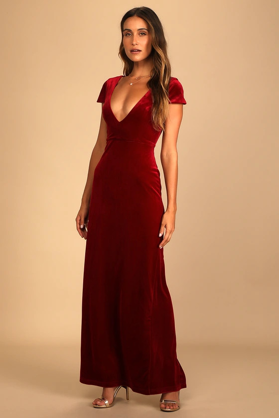 Feeling Flawless Wine Red Velvet V-Neck Maxi Dress | Lulus (US)
